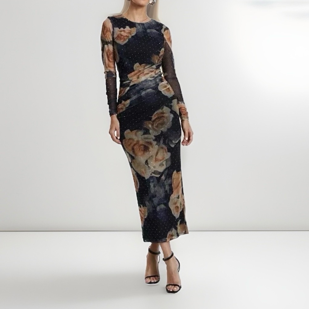 Quiz Gothic Dark Floral Midi Dress NEW Size 10 Ruched Sheer Sparkle Brown Black